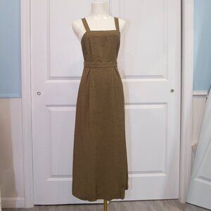 Topshop Olive Green Pinafore Midi Dress – Crisscross Back, Wood Button Detail (U